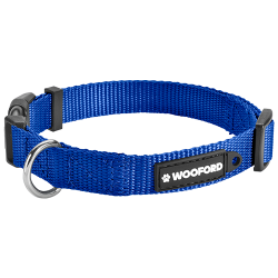 Blaues verstellbares Hundehalsband, robuster silberner D-Ring aus Metall, bequem und langlebig aus leichtem Nylon.