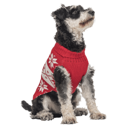 Roter Winterpullover für Hunde mit weißem Schneeflockenmuster, waschbar, bietet Wärme und festlichen Stil.