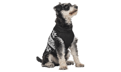 Schwarzer Winterpullover für Hunde mit weißem Schneeflockenmuster, waschbar, bietet Wärme und festlichen Stil.
