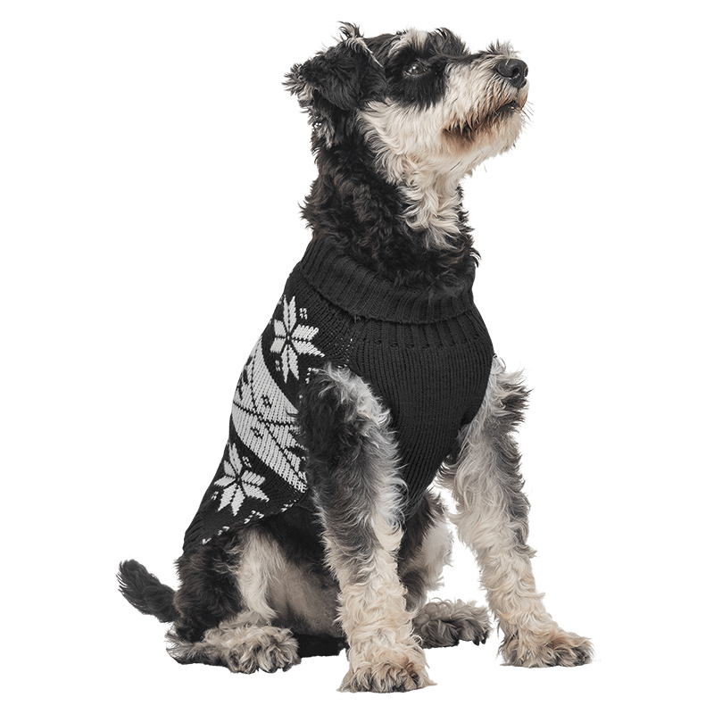 Bedruckter Winterpullover für Hunde Schwarzer Winterpullover für Hunde mit weißem Schneeflockenmuster, waschbar, bietet Wärme und festlichen Stil.