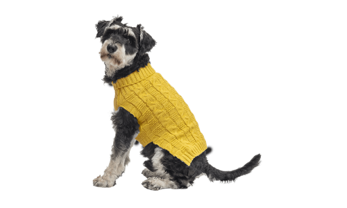 Gelber warmer Baumwollpullover für Hunde mit Zopfmuster, extra Schutz, hält Hunde bei kaltem Wetter warm.