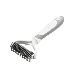 Weiße Hundestriegelbürste mit Edelstahlklingen und ergonomischem Griff, zum Entfernen von Verfilzungen und Haarausfall.