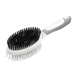 Doppelseitige Hundebürste mit ergonomischem Griff, weichen Borsten auf der einen Seite und Metallstiften auf der anderen.