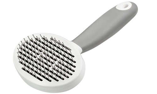 Selbstreinigende Stiftbürste für Hunde und Katzen, feine Metallstifte und ergonomischer Griff, entfernt Verfilzungen.