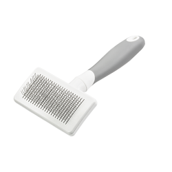 Selbstreinigende Slicker-Bürste für Hunde und Katzen, feine Metallborsten und ergonomischer Griff, entfernt Verfilzungen.