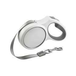 Weiße einziehbare Hundeleine mit ergonomischem grauem Griff, bis 5 Meter, mit robustem Clip für sicheren Halt.