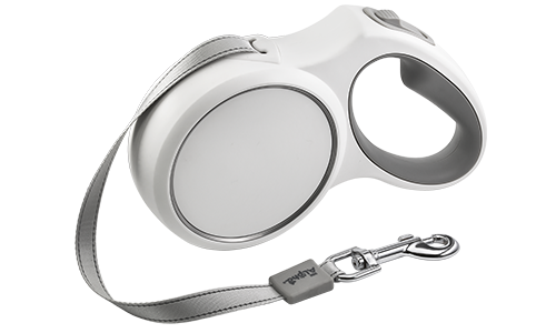 Reflektierende Einziehbare Nylon-Hundeleine Weiße einziehbare Hundeleine mit ergonomischem grauem Griff, bis 5 Meter, mit robustem Clip für sicheren Halt.