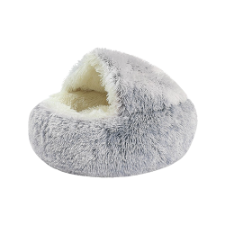 Schlappen-förmiges Haustierbett in Grau mit flauschigem Innenraum, weiches Material, geschlossener Raum für Ruhe.