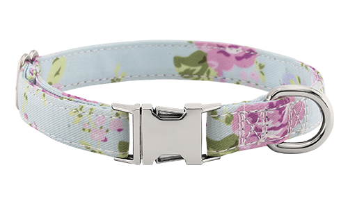 Hundehalsband mit Eingravierter Schnalle Hundehalsband im Pastell-Blumenmuster mit Metallschnalle für die Gravur des Hundenamens, 27 - 40 cm Länge, mit D-Ring.