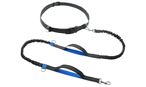 Freihändig laufende einziehbare Hundeleine Blaue hands-free Hundeleine zum Laufen, 70 - 120 cm, 2,5 cm breit, verstellbarer Gürtel, gepolsterte Griffe.