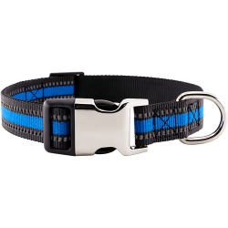 Reflektierendes blaues Hundehalsband mit verstellbarem Metallverschluss, 40-63 cm Länge und 2,5 cm breit, mit D-Ring.