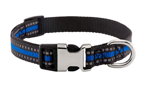 Reflektierendes Hundehalsband mit Schnalle Reflektierendes blaues Hundehalsband mit verstellbarem Metallverschluss, 27-40 cm Länge und 1,5 cm breit, mit D-Ring.
