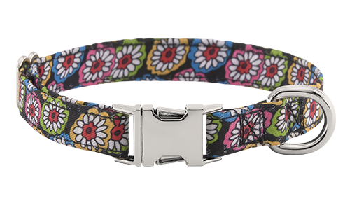 Hundehalsband mit Schnalle Hundehalsband mit buntem Blumenmuster und verstellbarem Metallverschluss, 27 - 40 cm lang und 2 cm breit, mit D-Ring.