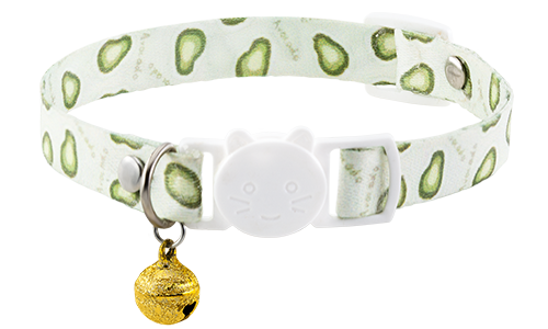 Breakaway-Katzenhalsband Abnehmbares Katzenhalsband mit Kiwi-Muster, verstellbar und leicht für Komfort, mit weißer Schnalle und goldener Glocke.