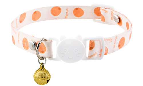 Breakaway-Katzenhalsband Abnehmbares Katzenhalsband mit Orangemuster, verstellbar und leicht für Komfort, mit weißer Schnalle und goldener Glocke.
