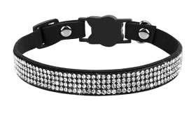 Luxuriöses schwarzes Katzenhalsband mit Kristallen, verstellbar, mit katzenförmigem Verschluss und Glöckchen.