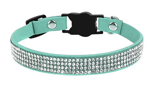 Luxuriöses Breakaway Katzenhalsband mit Kristallen Luxuriöses türkisfarbenes Katzenhalsband mit Kristallen, verstellbar, mit katzenförmigem Verschluss und silbernem Glöckchen.