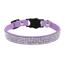 Luxuriöses lila Katzenhalsband mit Kristallen, verstellbar, mit katzenförmigem Verschluss und lila Glöckchen.