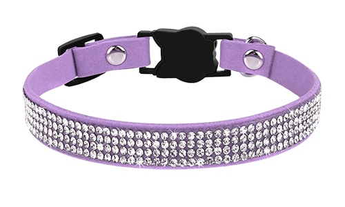 Luxuriöses Breakaway Katzenhalsband mit Kristallen Luxuriöses lila Katzenhalsband mit Kristallen, verstellbar, mit katzenförmigem Verschluss und lila Glöckchen.