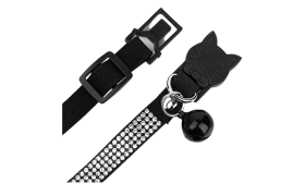 Luxuriöses schwarzes Katzenhalsband mit Kristallen, verstellbar, mit schwarzem Glöckchen.