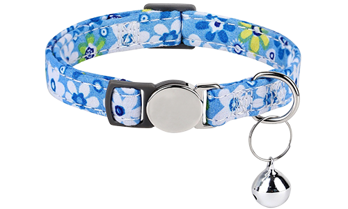 Breakaway-Katzenhalsband mit Metallschnalle Blaues blumengeprägtes Katzenhalsband mit Metallverschluss, verstellbar und leicht für Komfort, mit Silberglöckchen.