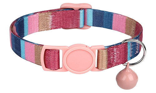 Breakaway-Katzenhalsband mit Metallschnalle Gestreiftes pinkes Katzenhalsband, verstellbar und leicht, mit passendem pinkem Verschluss und Glöckchen.