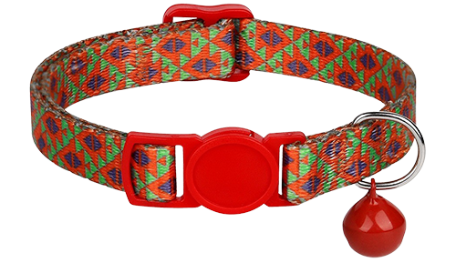 Breakaway-Katzenhalsband mit Metallschnalle Lebendiges geometrisches Katzenhalsband in rot, verstellbar und leicht, mit passendem rotem Verschluss und Glöckchen.