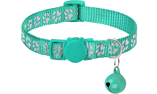 Reflektierendes Breakaway Katzenhalsband mit Pfötchen-Muster Türkises Katzenhalsband mit Pfotenmuster, verstellbar und leicht für Komfort, reflektierend mit passendem Glöckchen.