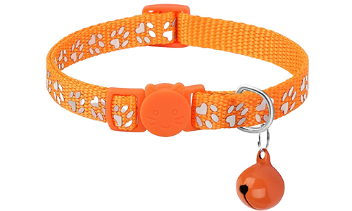 Reflektierendes Breakaway Katzenhalsband mit Pfötchen-Muster Oranges Katzenhalsband mit Pfotenmuster, verstellbar und leicht für Komfort, Sicherheitsverschluss mit passendem Glöckchen.