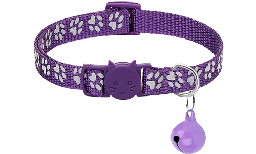 Reflektierendes Breakaway Katzenhalsband mit Pfötchen-Muster Lila Katzenhalsband mit Pfotenmuster, verstellbar und leicht für Komfort, Sicherheitsverschluss mit passendem Glöckchen.