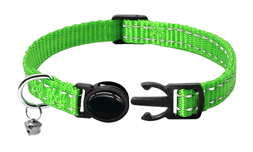 Reflektierendes Breakaway-Katzenhalsband Reflektierendes grünes Katzenhalsband mit Sicherheitsverschluss, verstellbar 21-34 cm, mit rotem Glöckchen.