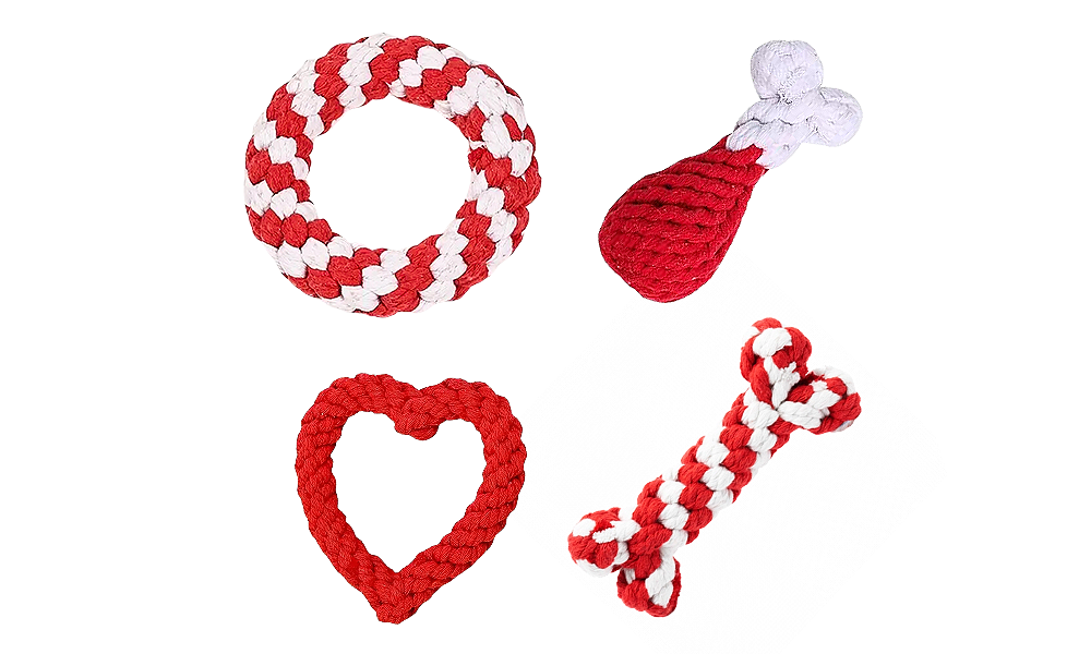 Rope Dog Toy Set - 3 pcs Set aus vier roten und weißen Seil-Hundespielzeugen, inklusive Ring, Drumstick, Herz und Knochen, für interaktives Spielen.