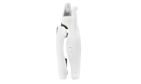 Weiße LED-Nagelschneider für Hunde mit eingebautem Licht, ergonomischem Griff, Sicherheitsvorrichtung und Nagelfeile.