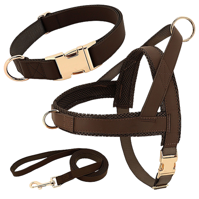 Hundegeschirr-Set mit Halsband und Leine Braunes Hundegeschirr-Set mit passendem Halsband und Leine, leicht, langlebig und robust, bequeme und sichere Passform.