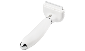 Kleine weiße Deshedding-Bürste für Hunde mit feinen Metallzähnen und Griff, zum Reduzieren von Haarausfall.