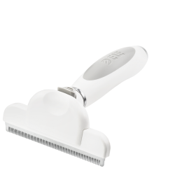 Große weiße Deshedding-Bürste für Hunde mit feinen Metallzähnen und ergonomischem Griff, zum Reduzieren von Haarausfall.