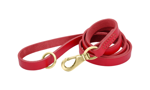 Rote Luxus-Hundeleine aus echtem Leder, 150 cm lang, komfortabel, mit goldenem Metallverschluss und Ring für Langlebigkeit.