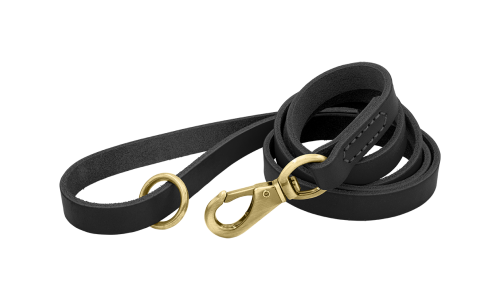 Schwarze Luxus-Hundeleine aus echtem Leder, 150 cm, komfortabel, mit goldenem Metallverschluss und Ring.