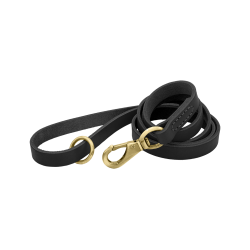 Schwarze Luxus-Hundeleine aus echtem Leder, 150 cm, komfortabel, mit goldenem Metallverschluss und Ring.