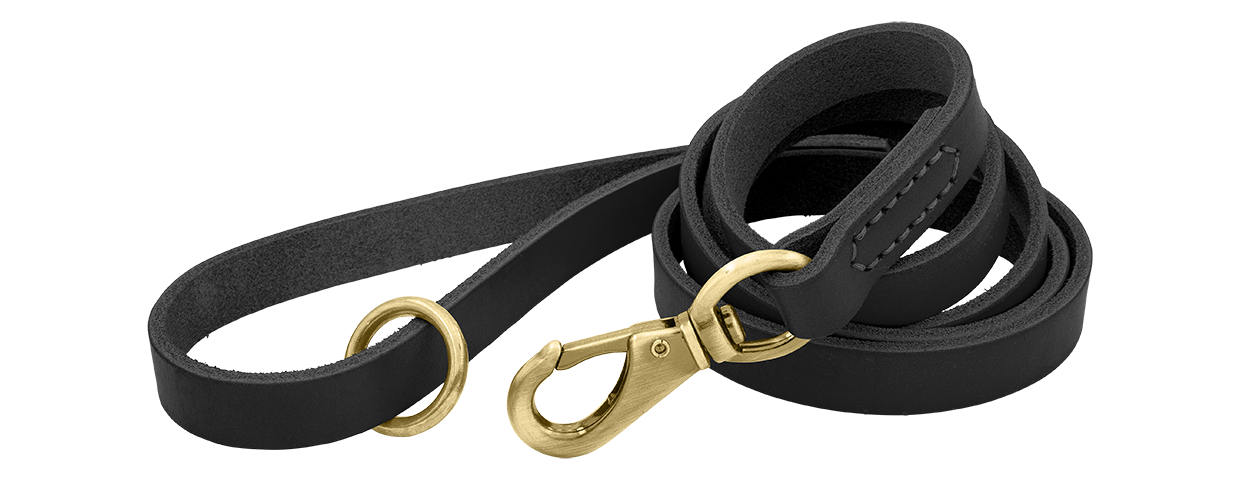 Luxus-Hundeleine aus Echtem Leder Schwarze Luxus-Hundeleine aus echtem Leder, 150 cm, komfortabel, mit goldenem Metallverschluss und Ring.