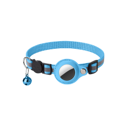 Reflektierendes blaues Katzenhalsband mit AirTag-Halter, verstellbar und leicht für Komfort, mit blauem Glöckchen.