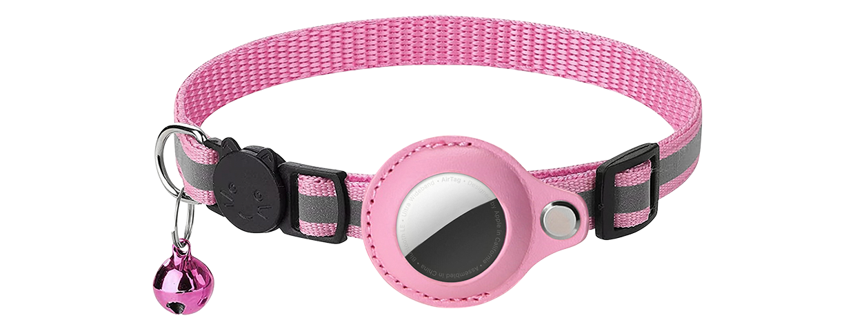 Reflektierendes Breakaway-Katzenhalsband mit AirTag-Halterung Reflektierendes pinkes Katzenhalsband mit AirTag-Halter, verstellbar und leicht für Komfort, mit pinkem Glöckchen.