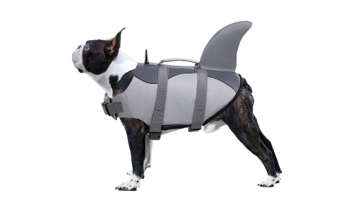 Hai-themed Hundeschwimmweste mit sicheren Riemen, für Sicherheit und Auftrieb. Geeignet für verschiedene Hundetypen.