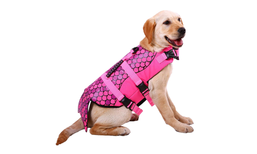 Meerjungfrau-themed Hundeschwimmweste in Pink mit Schuppenmuster, für Auftrieb. Geeignet für verschiedene Hundetypen.