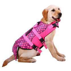 Meerjungfrau-themed Hundeschwimmweste in Pink mit Schuppenmuster, für Auftrieb. Geeignet für verschiedene Hundetypen.