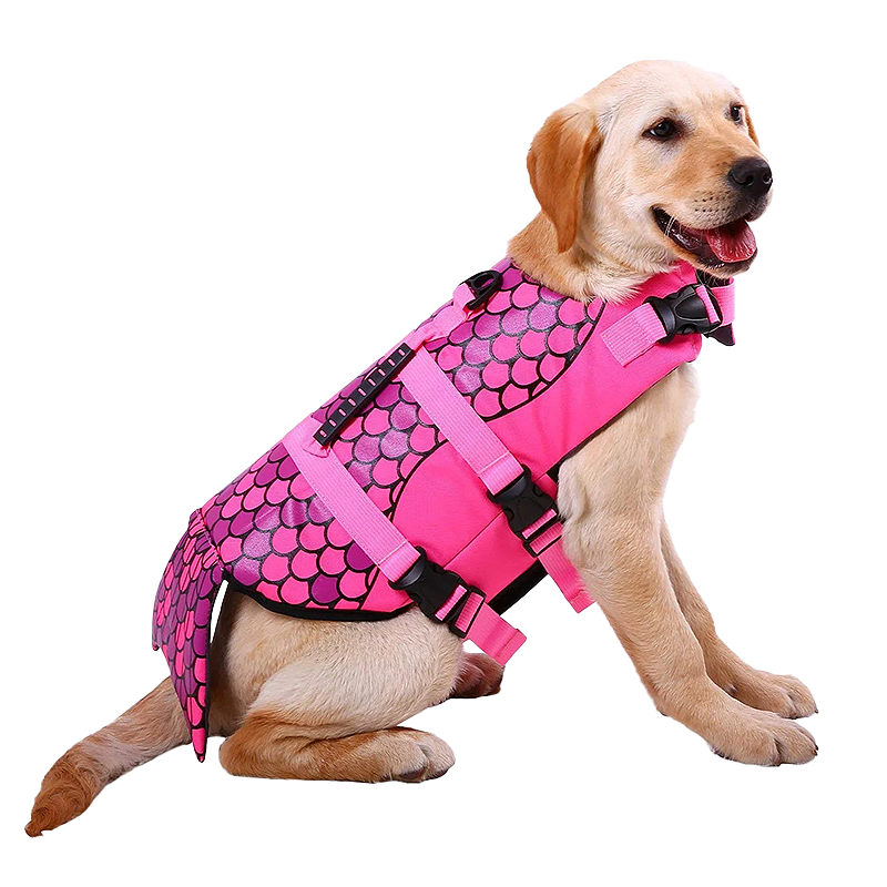 Stylische Hundeschwimmweste - Meerjungfrau Meerjungfrau-themed Hundeschwimmweste in Pink mit Schuppenmuster, für Auftrieb. Geeignet für verschiedene Hundetypen.