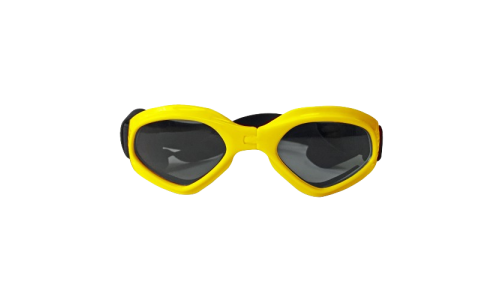 Gelbe Hundesonnenbrille mit UV-Schutz, dunkel getönte Gläser für Augensicherheit und stilvolles Aussehen.