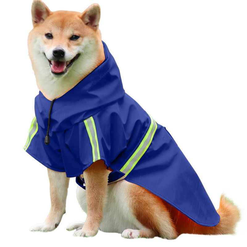 Wasserdichter Hunde-Regenmantel mit Reflektorstreifen Shiba Inu in blauem Regenmantel mit reflektierenden Streifen, einfach an- und auszuziehende Riemen, für Spaziergänge.
