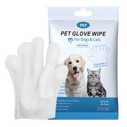 Packung mit hypoallergenen Haustier-Handschuh-Tüchern für Hunde und Katzen, 6 Stück, für sanfte Reinigung und Deodorierung.