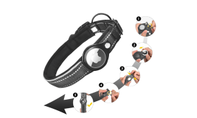 Schwarze reflektierende Hundemarke mit Airtag-Halter, verstellbar, leichtes Nylon, bequeme und robuste Materialien.